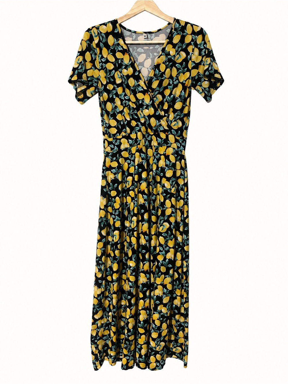 Black Lemon Print Wrap Midi Dress | Size Medium | Free Shipping 🍋